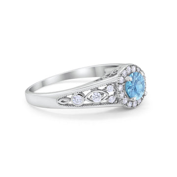 Vintage Style Engagement Ring Halo Simulated Aquamarine CZ 925 Sterling Silver